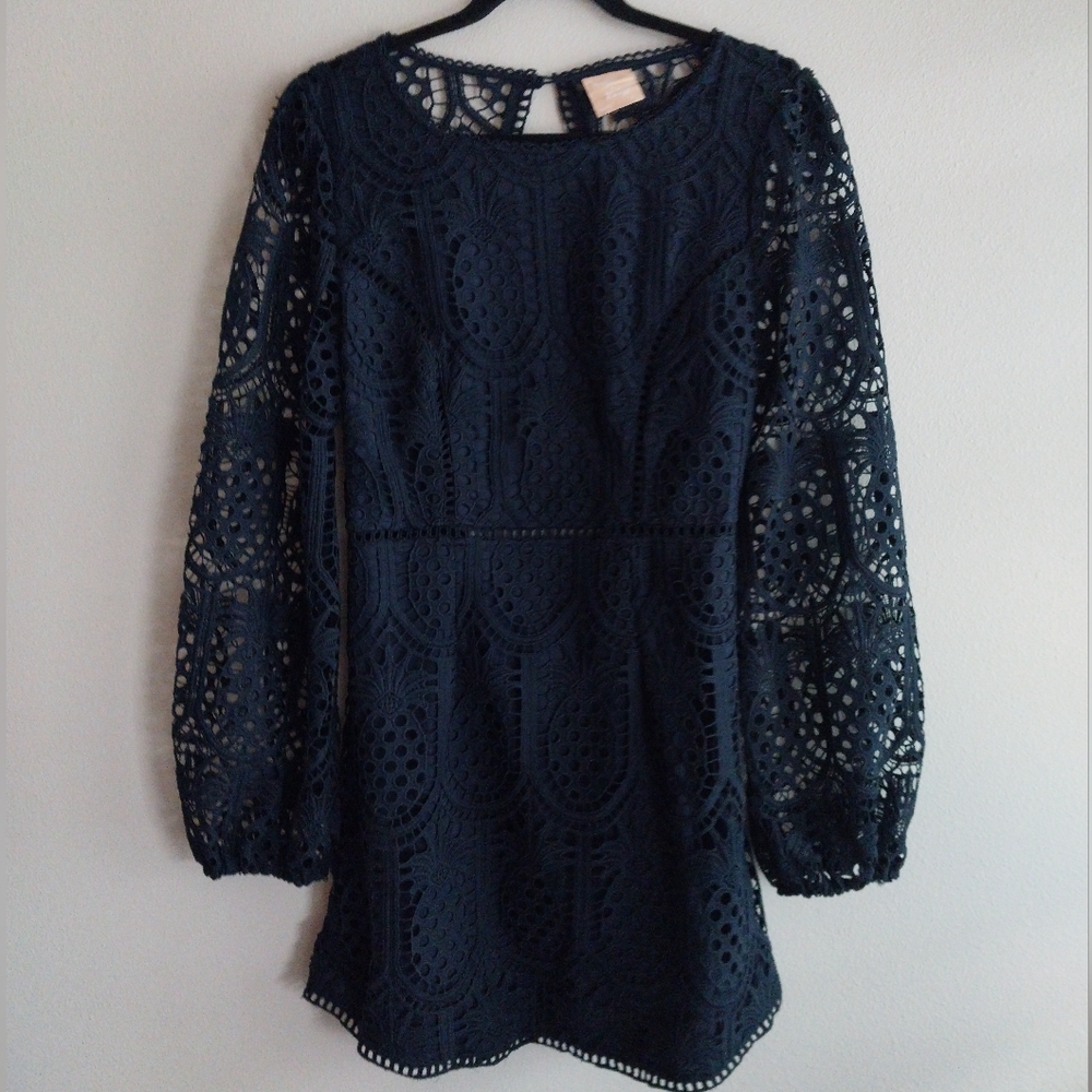Sage + Paige Navy Pineapple Lace Design Open Keyhole Back Mini Dress